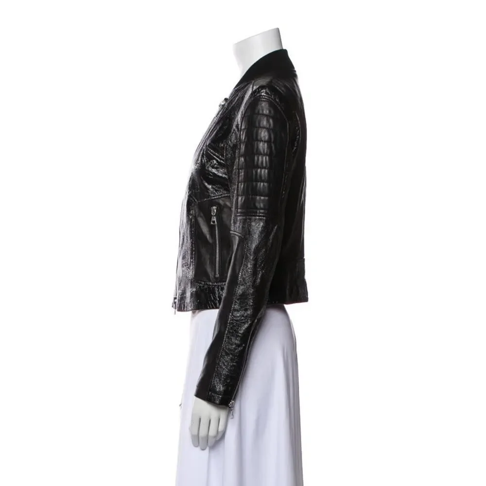 Theory Shezi Lamb Leather Moto Jacket Black Patent Crackled Zip M
